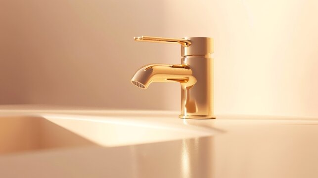 Minimalist water tap with a matte golden finish. Modern faucet design. Concept of modern plumbing, kitchen design, elegant fixtures, and clean lines