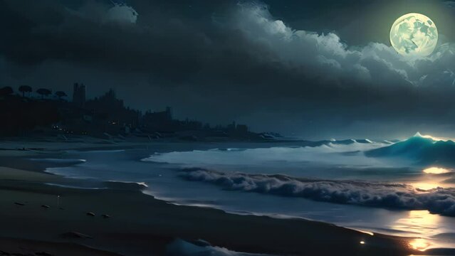 Fantasy beach at night with full moon. 3D illustration, AI Generated