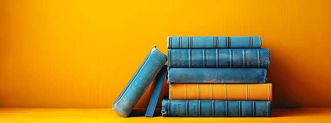 Vertical stack of vibrant books. A neat pile of vintage reading books on yellow background. Concept...