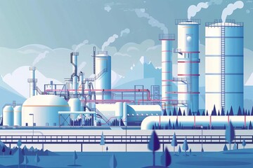 Modern natural gas facility illustration with pipeline and storage tanks, energy industry concept, vector graphic