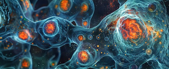 Microscopic view of cells, bacteria and viruses. Close-up of pathogens and microscopic organisms. Vibrant biomedical background. Wide Banner. Concept of microbiology, immunology, health research