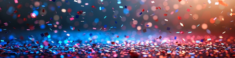 Cascading confetti in patriotic colors against a dark background. Celebratory American political event backdrop. Concept of elections, patriotism, national events, festive. Banner with copy space - obrazy, fototapety, plakaty