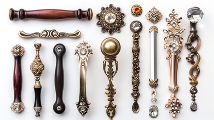 Collection of decorative furniture handles in mixed finishes. Ornate metal knobs and pulls on white background. Concept of cabinetry hardware, interior design variety. Top view