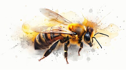 Watercolor bee illustration with vibrant splashes. Artistic depiction of a bumblebee. Concept of art, creativity, wildlife in art, and vibrant illustration.