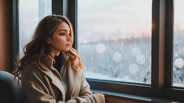 Winter Serenity: Woman Sitting by the Window. Seamless looping 4k time-lapse virtual video animation background