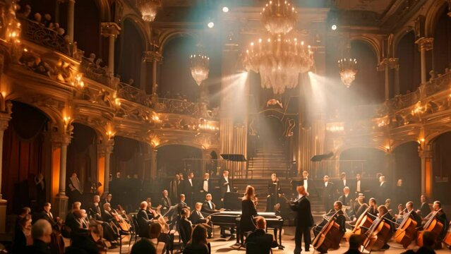 Symphony orchestra concert on theater stage. Musicians of State Symphony Orchestra, instruments of symphony orchestra on stage. Score, sheet music during concert, AI Generated
