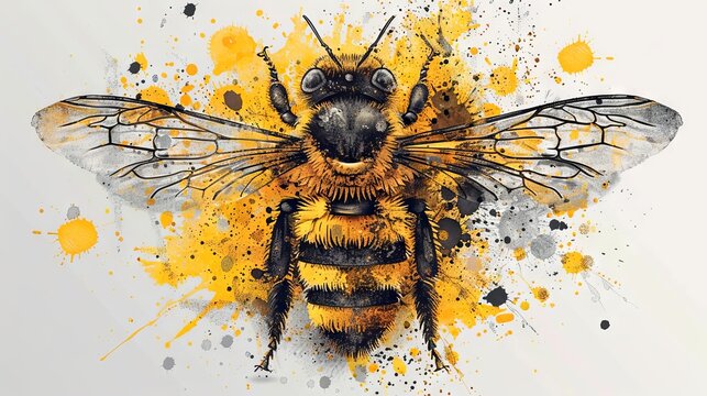 Artistic bumblebee with colorful watercolor background. Bee in dynamic art form. Concept of wildlife art, creative illustration, nature, and colorful expression.