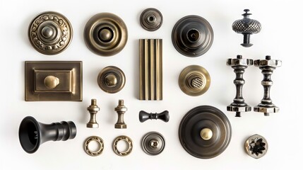 Assorted antique bronze door fittings spread out. Ornamental doorknobs and accents for decoration. Concept of craftsmanship, vintage decor, and restoration hardware. White background. Flat lay