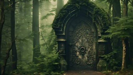 Mysterious forest with mossy trees and stairs in the fog, AI Generated