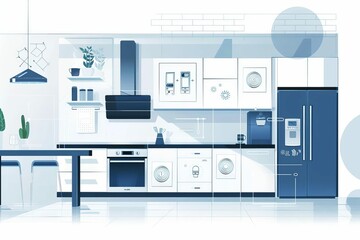 Modern kitchen with smart appliances, voice-controlled settings, AI and IoT technology concept illustration