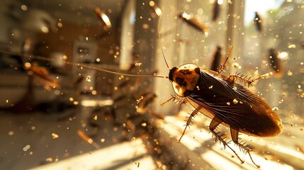 Cockroach infestation in a dirty environment. Realistic depiction of pest presence amidst debris. Concept of sanitation issues, pest control, and home cleanliness. - obrazy, fototapety, plakaty
