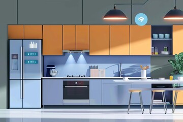 Modern kitchen with smart appliances, voice-controlled settings, AI and IoT technology concept illustration