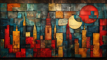 an Collage Painting artwork of a modern city skyline, Geometric Square Collage Painting artwork 