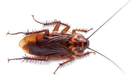 Close-up of a brown cockroach on a white background. Top view. Detailed view of a pest insect. Concept of infestation, pest control, hygiene, and domestic cleanliness. - obrazy, fototapety, plakaty
