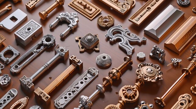 Furniture fittings from ornate pull handles to angular brackets. Wide range of hardware for furniture. Concept of craftsmanship, furniture design, home improvement. Wooden surface