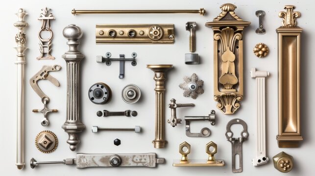 Assortment of furniture hardware fittings. Variety of modern furniture connectors and handles. Concept of interior design, hardware variety, furniture construction, detailing. White backdrop. Flat lay