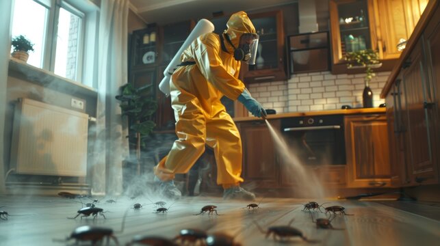 Professional exterminator focusing on cockroach infestation on kitchen floor. Efficient pest control method in use. Concept of infestation resolution, expert cleaning, and pest deterrence.