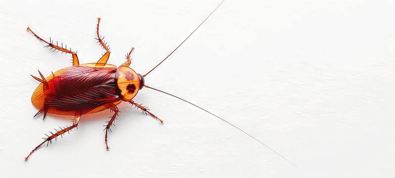 Cockroach on white backdrop. High-resolution image of a pest. Concept of household pests, infestation problems, and pest control. Copy space