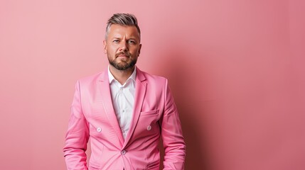 Obraz premium Male model wearing a pink suit isolated on solid pink background