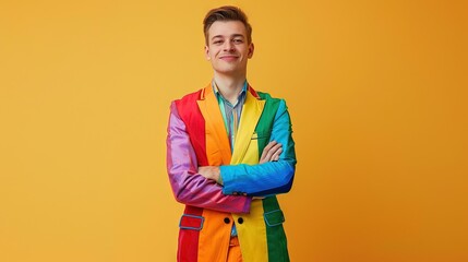 Male model wearing a rainbow colored suit isolated on solid yellow background