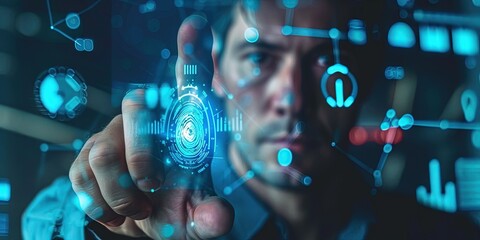 Man interacting with fingerprint scanning augmented reality technology interface