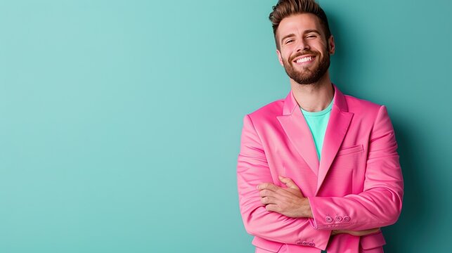 Male model wearing a pink suit isolated on solid background