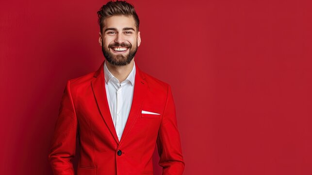 Male model wearing a red suit isolated on solid red background