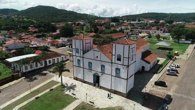 Aerial view of Nossa Senhora do Ros&aacute;rio Church and houses built in the 18th century in the historic center of the city - Piren&oacute;polis, Goi&aacute;s, Brazil