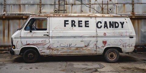 Grimy white van with "FREE CANDY" written on it
