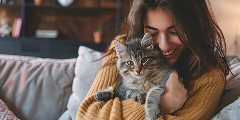 Woman holding her pet cat in the living room of their home together. Cuddling in a sweater - obrazy, fototapety, plakaty