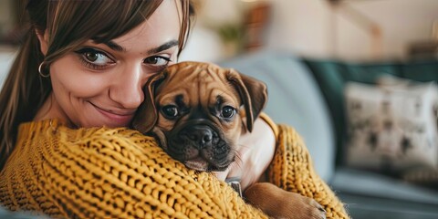 Woman holding her pet dog in the living room of their home together. Cuddling in a sweater