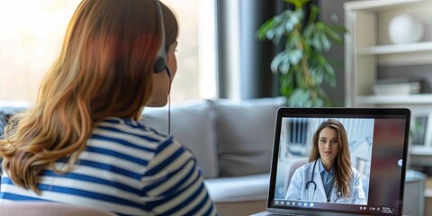 Young Gen Z woman in her 20s using a laptop to speak to doctor on video call - telehealth and telemedicine