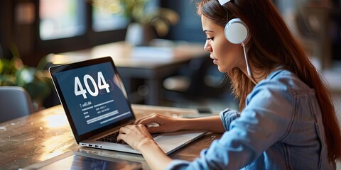 Young Gen Z woman in her 20s using a laptop with "404" error screen on laptop
