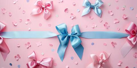 A pink ribbon on a blue Gift box with long ribbon on pastel pink background present for valentines day.AI Generative
