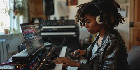 Young Gen Z woman in her 20s using a laptop for audio production - obrazy, fototapety, plakaty