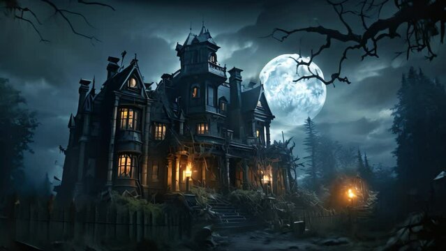 Halloween night scene with haunted house and full moon. Halloween background, AI Generated