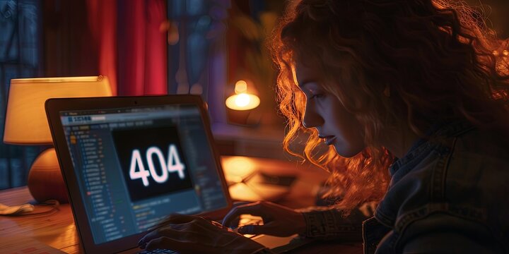Young Gen Z woman in her 20s using a laptop with "404" error screen on laptop