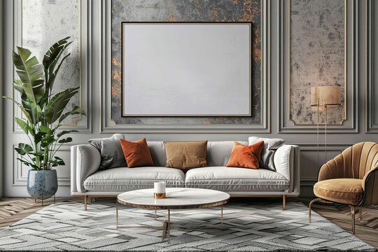 Mockup poster frame in luxurious contemporary living room interior, 3D render illustration