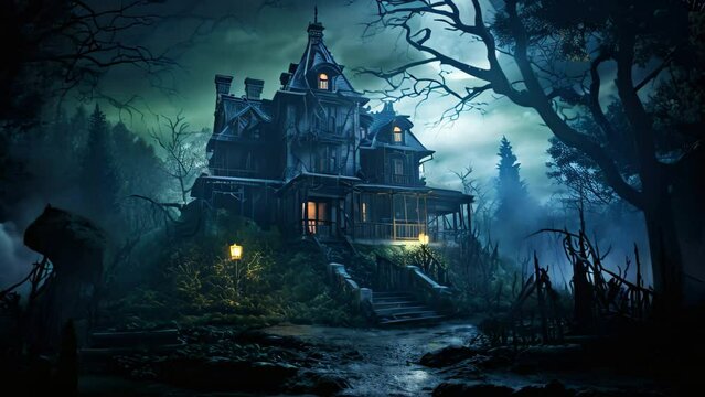 Halloween scene with haunted castle and full moon, 3d rendering, AI Generated