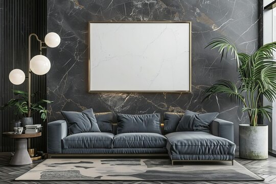 Mockup poster frame in luxurious contemporary living room interior, 3D render illustration