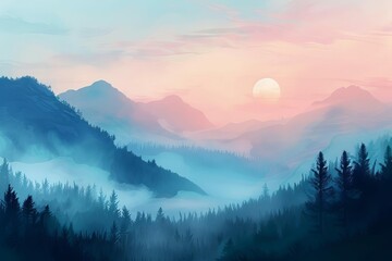 Misty Sunrise Silhouette Over Mountain Range, Pastel Colors Landscape, Digital Painting - obrazy, fototapety, plakaty