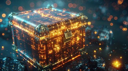 Treasure chest made of colorful digital data for cybersecurity and encryption, as well as cryptocurrency and digital banking - obrazy, fototapety, plakaty