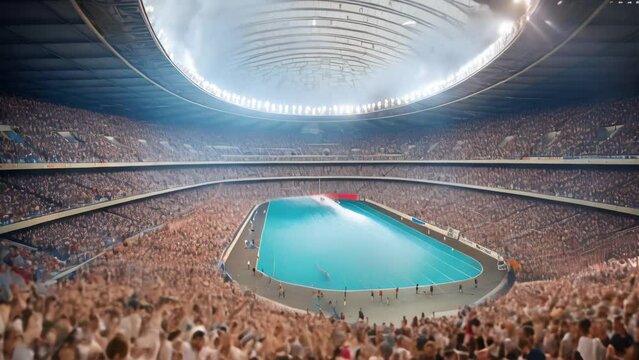 Interior of a large football stadium with a large crowd of people, AI Generated