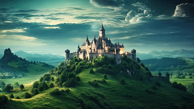 Fantasy landscape with castle on the hill at night. 3d rendering, AI Generated