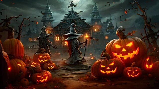 Halloween background with haunted house and pumpkins  illustration for children, AI Generated
