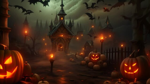 Halloween background with pumpkins and castle, 3d render illustration, AI Generated
