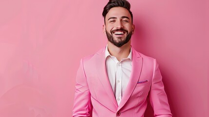 Friendly male model with facial hair wearing pink suit on pink background
