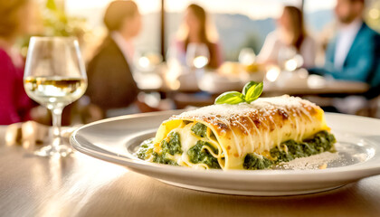 Cannelloni mit Spinat im Hintergrund ein Restaurant mit Gästen 