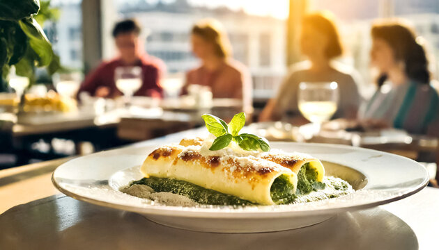 Cannelloni mit Spinat im Hintergrund ein Restaurant mit G&auml;sten 