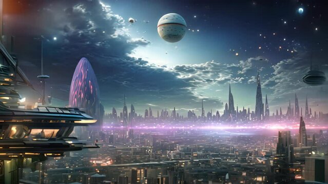 Futuristic city in futuristic space. 3D rendering. Elements of this image furnished by NASA, AI Generated